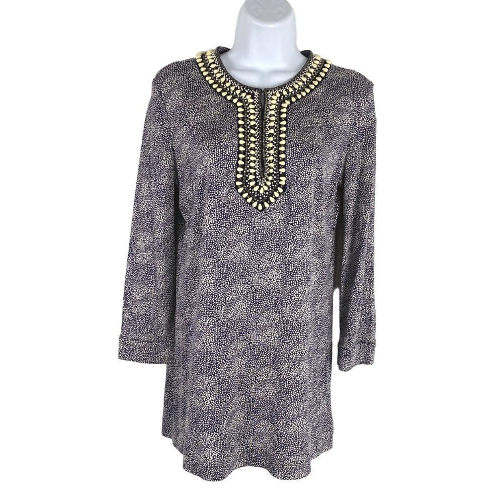 Tory Burch Top‎ Womens Small Silk Beaded Neck Printed 3/4 Sleeve TP-2370